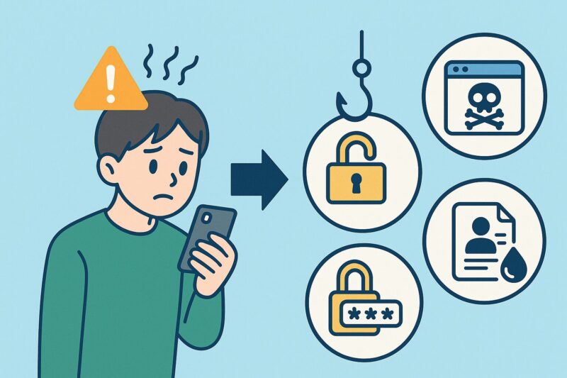 スマホ依存による注意力低下からフィッシング詐欺、偽サイト、パスワード管理ミス、情報漏洩などのセキュリティリスクが発生する流れを示す図解。