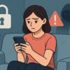 スマホ依存による情報セキュリティリスクを表現したイラスト。女性がスマホを見つめ、背後に鍵マークやハッカーの影が描かれている。
