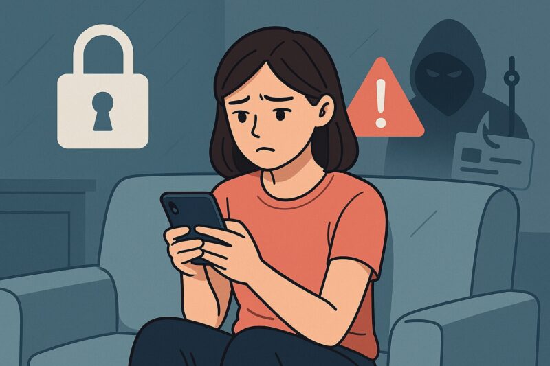 スマホ依存による情報セキュリティリスクを表現したイラスト。女性がスマホを見つめ、背後に鍵マークやハッカーの影が描かれている。