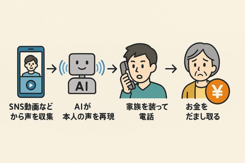 AI音声詐欺の流れを4ステップで示した図解(音声収集 → 声の再現 → なりすまし電話 → 被害者から金銭をだまし取る)