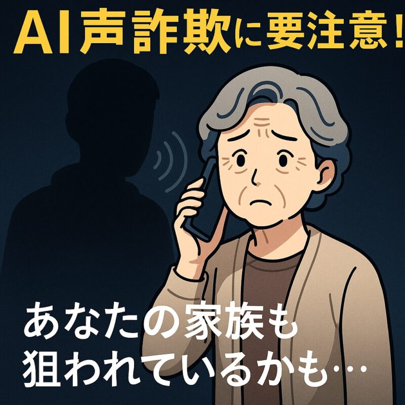 AI声詐欺に注意を呼びかける高齢女性と影のAI詐欺犯のイラスト