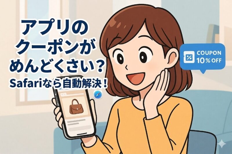 「iPhoneで通販サイトを見ていた女性が、クーポン通知を見て喜んでいるアニメ風イラスト
