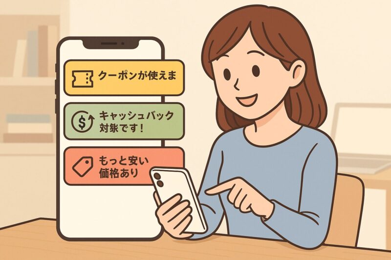 「iPhone画面にクーポンやキャッシュバック通知が表示され、ラクに使っている女性のイラスト