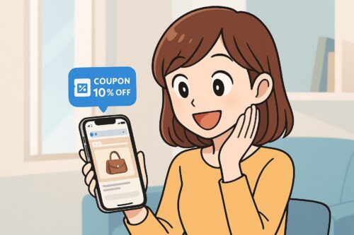 「iPhoneで通販サイトを見ていた女性が、クーポン通知を見て喜んでいるアニメ風イラスト