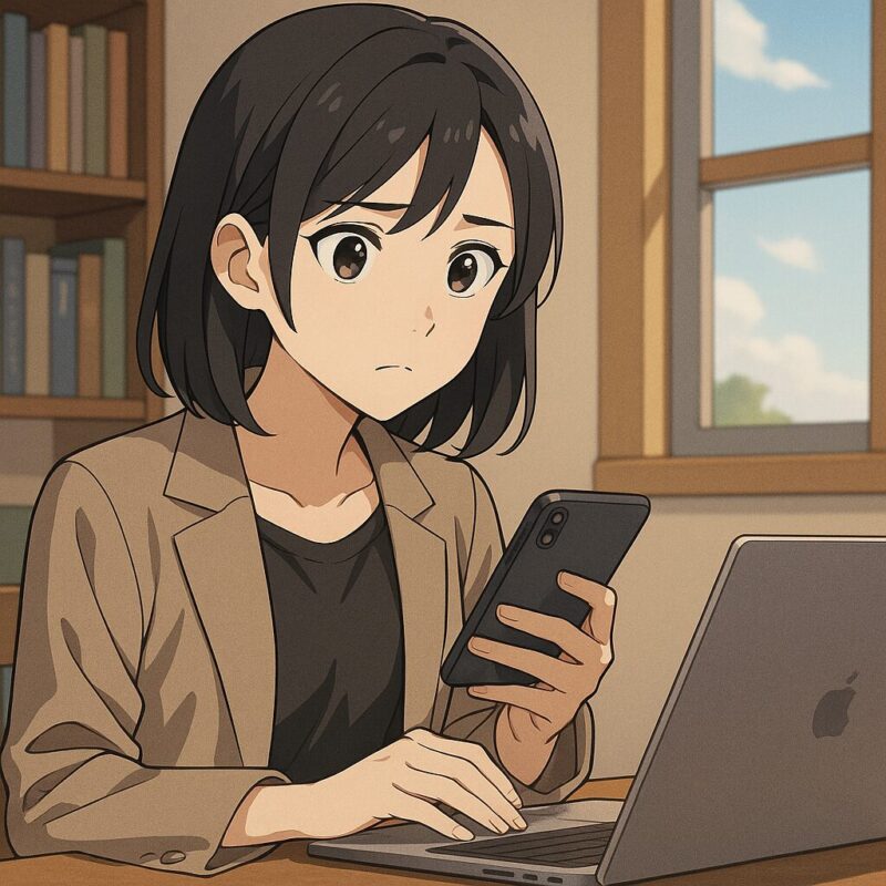 スマホとノートPCを見ながらカード情報の安全性に不安を抱える20代日本人女性のアニメ風イラスト