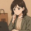ジャケットとニットを重ね着した20代の日本人女性がパソコンを見ながら通販に悩んでいるアニメ風イラスト