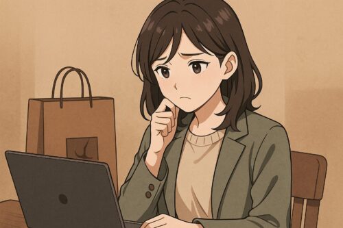 ジャケットとニットを重ね着した20代の日本人女性がパソコンを見ながら通販に悩んでいるアニメ風イラスト