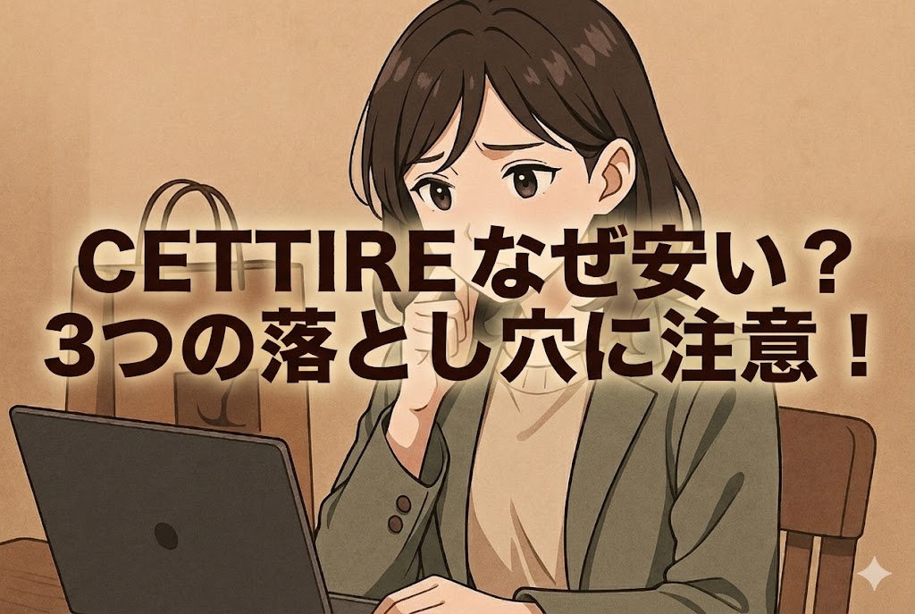 ジャケットとニットを重ね着した20代の日本人女性がパソコンを見ながら通販に悩んでいるアニメ風イラスト