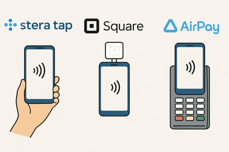 ステラタップ・Square・Airペイのキャッシュレス決済方法を比較したイラスト