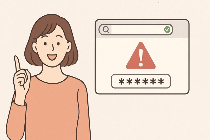 パスワード欄と警告アイコンが表示された画面を前に、指を立てて説明する女性のイラスト