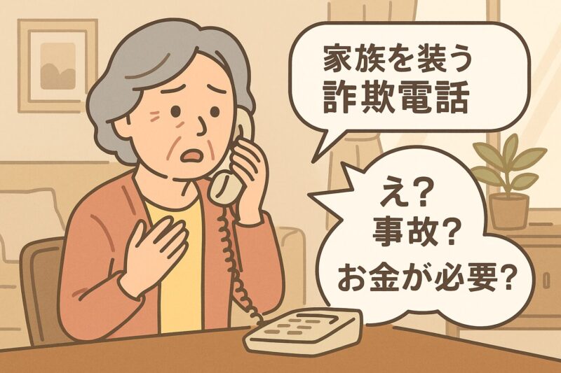 リビングで詐欺電話に戸惑う高齢女性と「家族を装う詐欺電話」の吹き出しイラスト