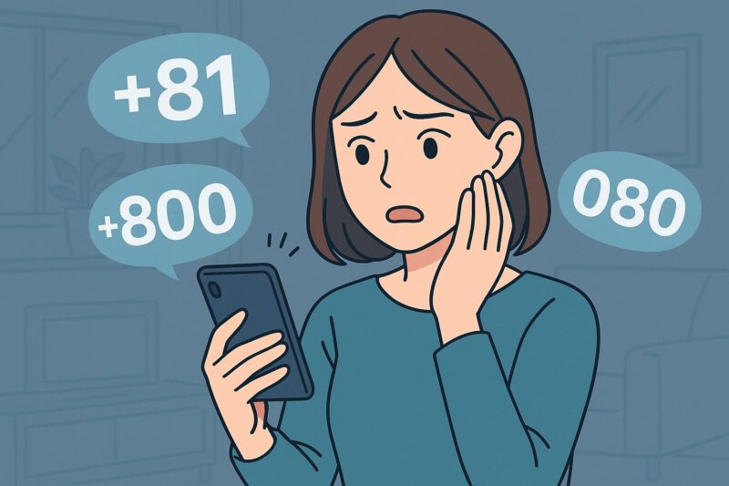 8で始まる不審な電話番号に警戒する女性のイラスト
