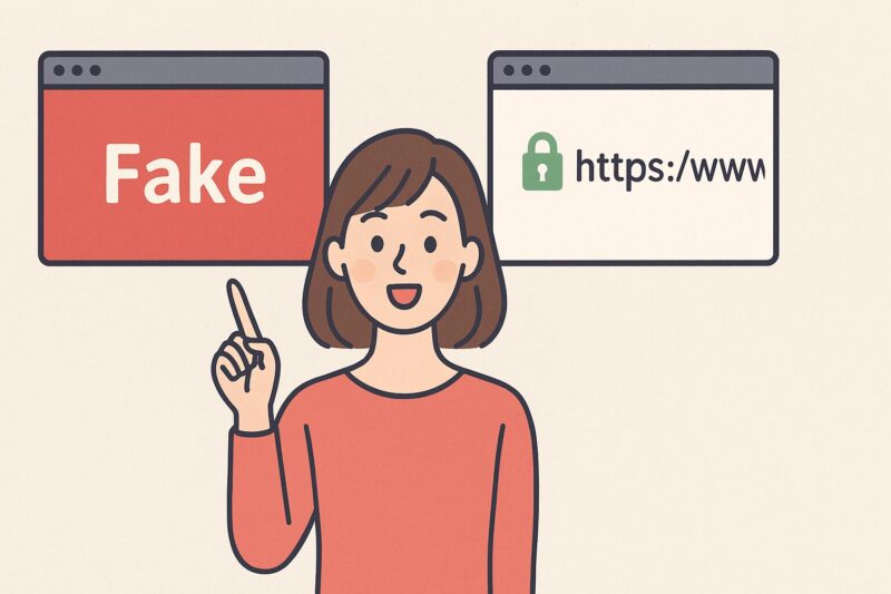 偽サイトと本物サイトの見分け方を示す女性のイラスト。赤い偽サイトと緑のSSL対応サイトを比較して説明している。