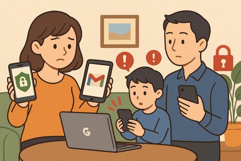 複数の端末を使う家族がGmailの認証トラブルに困惑している様子のイラスト