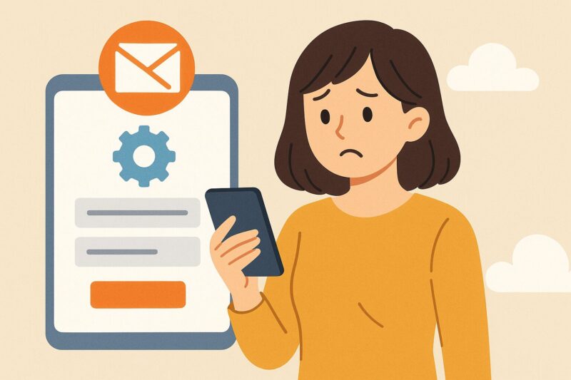 Gmailアプリでメールが届かず困っている女性と、スマホに表示された受信エラーのイラスト