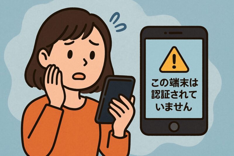 スマートフォンの認証エラー画面に戸惑う女性を描いたイラスト