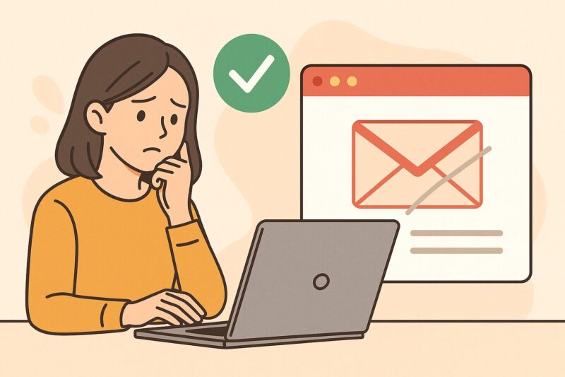 Gmailで消えたメールを探して復旧しようとする女性と、空の受信トレイ画面を描いたイラスト