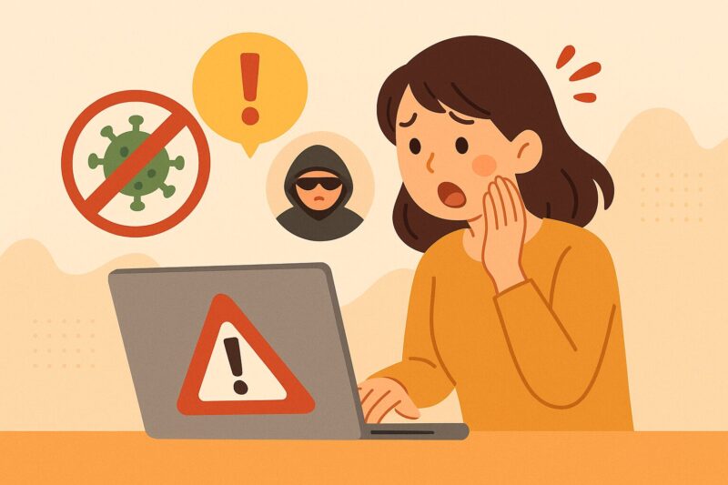 マルウェア感染や乗っ取りの警告に驚く女性とウイルス・ハッカーアイコンを描いたイラスト