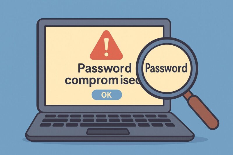 Googleの警告画面に「Password compromised」と表示され、虫眼鏡で強調されたノートパソコンのイラスト
