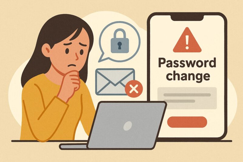 パスワード変更メールが届かず困惑する女性と、通知エラーを示すスマホ画面のイラスト