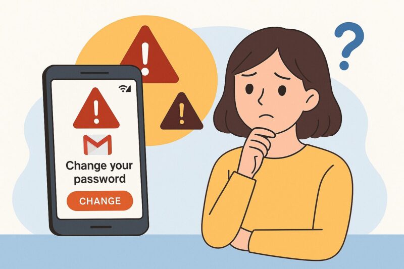 スマートフォンに表示されたGmailのパスワード変更警告に困惑する若い女性のイラスト