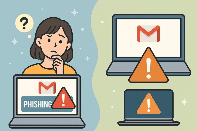 Gmailの偽警告画面と本物の警告画面の違いに悩む女性とPC画面