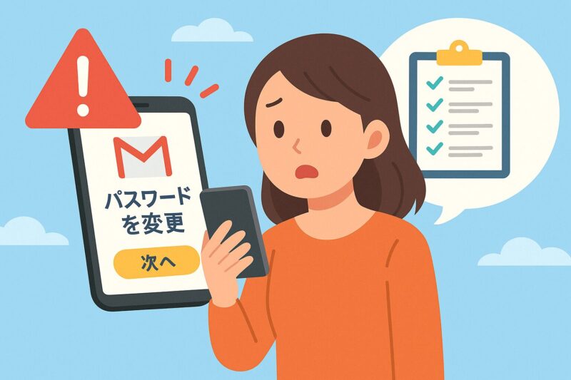 Gmailのパスワード変更通知に戸惑う女性と警告アイコン、チェックリストが描かれたイラスト