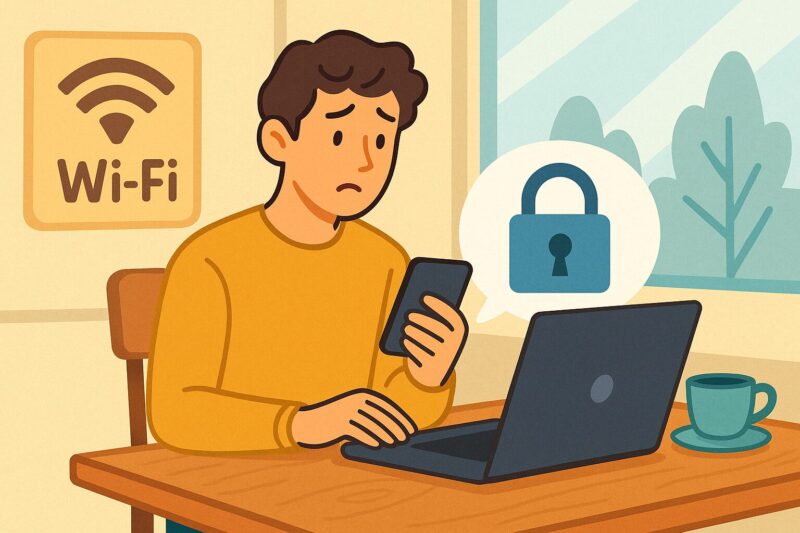 公共のWi-Fiを使用中にGmailアカウントの乗っ取りリスクに直面している若い女性とカフェのイラスト