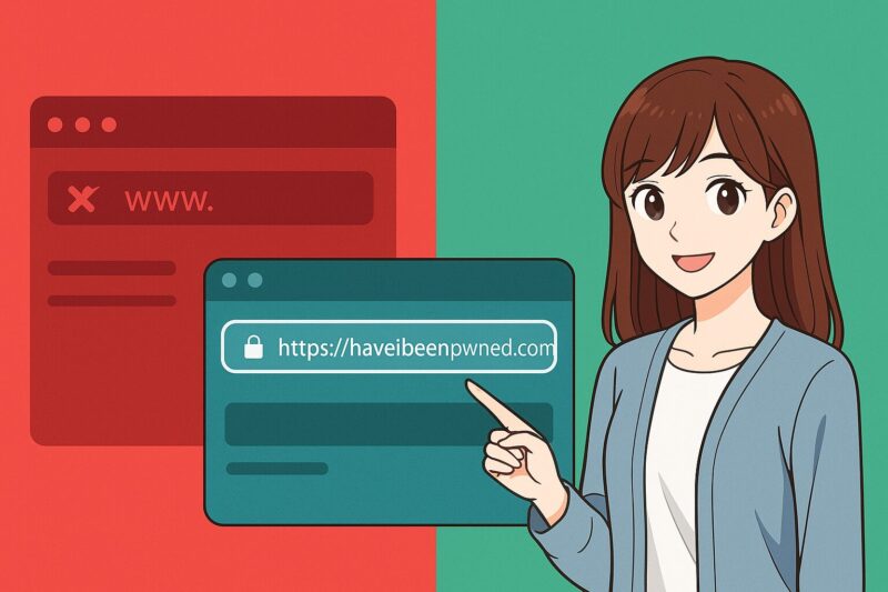 偽物サイトと本物サイトの違いを指差して説明する女性のイラスト。左に赤背景の偽サイト、右に鍵マーク付きURLの本物サイト