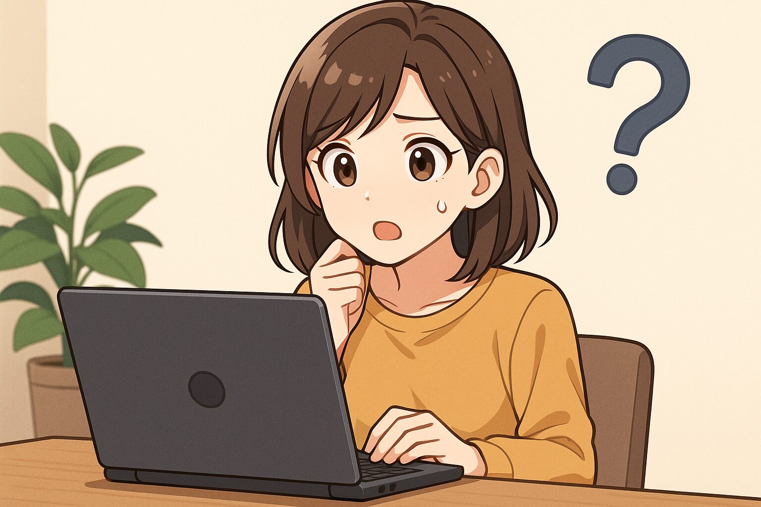 ALTテキスト： ノートパソコンの画面を見て驚いた表情をする女性のアニメ風イラスト。疑問符が背景に描かれている。