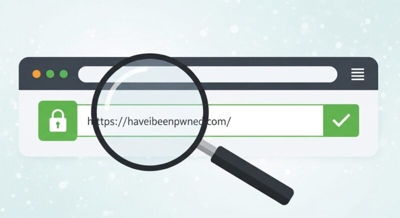 Webブラウザのアドレスバーを虫眼鏡で確認している様子。鍵マークと正しいURLの安全確認イメージ。