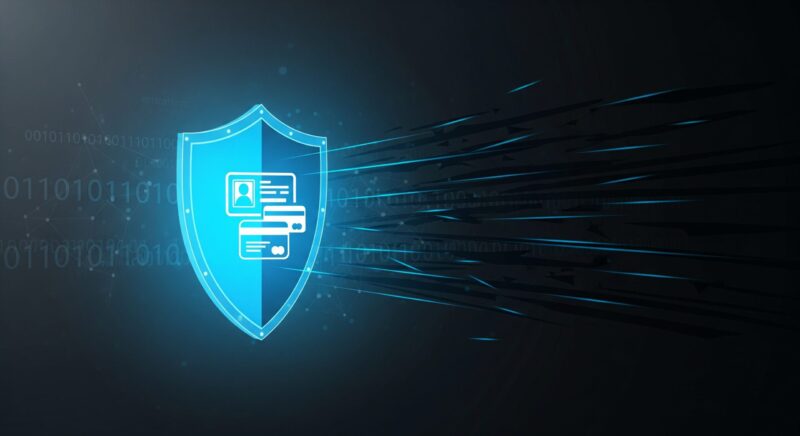 暗い背景の中に浮かぶデジタルデータに対し、光る盾で守られている個人情報のイメージ。