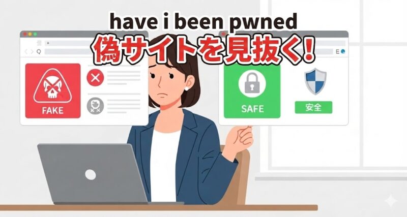 ノートパソコンの画面を見て、赤い警告の偽サイトと緑の盾の本物サイトを見比べている20代日本人女性のイラスト。セキュリティ対策のイメージ。