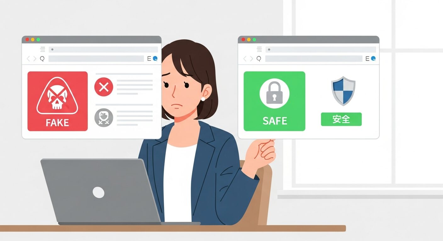ノートパソコンの画面を見て、赤い警告の偽サイトと緑の盾の本物サイトを見比べている20代日本人女性のイラスト。セキュリティ対策のイメージ。