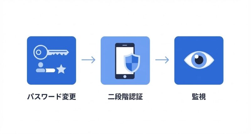 パスワード変更、二段階認証、監視を示す3つのセキュリティアイコンが並んでいるイラスト。