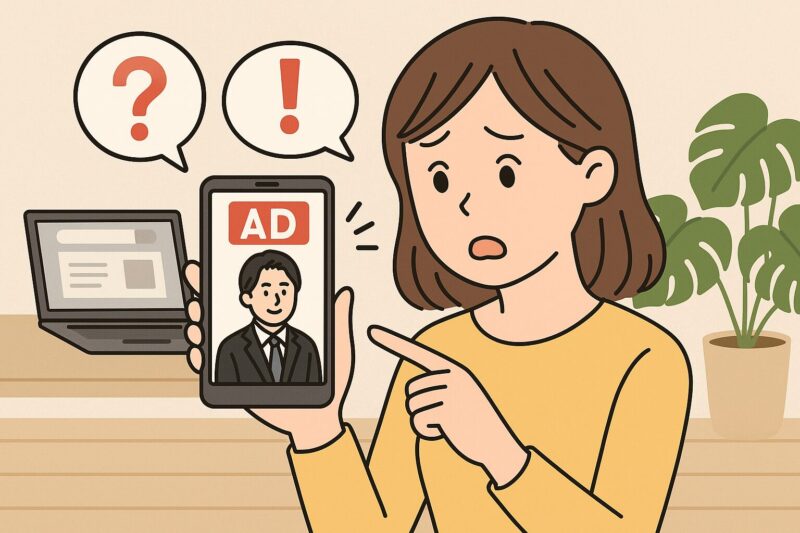 スマホの投資広告を見て不安そうな表情でチェックする女性のイラスト。疑問と警戒の吹き出しが強調されている4:3画像。