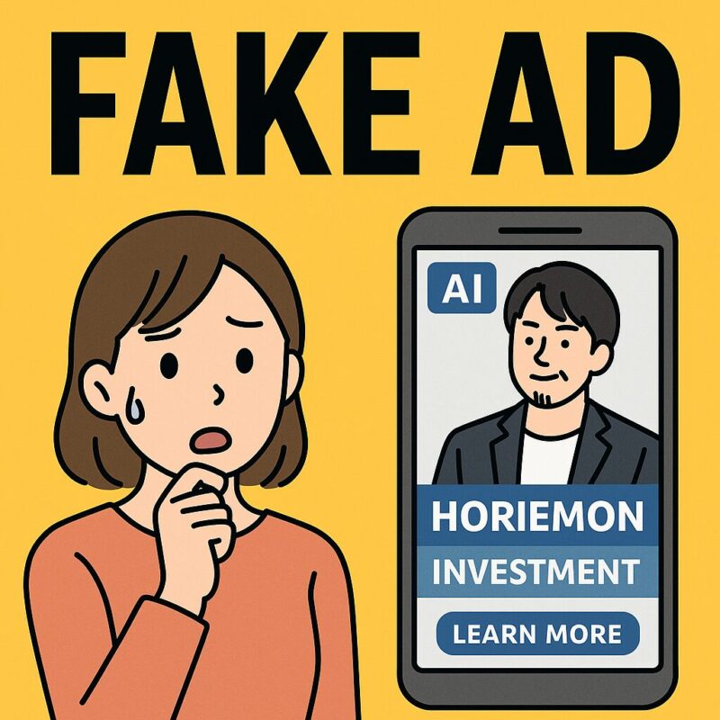 AI生成のホリエモン風投資広告を見て驚き警戒する女性のイラスト。「FAKE AD」の警告付き