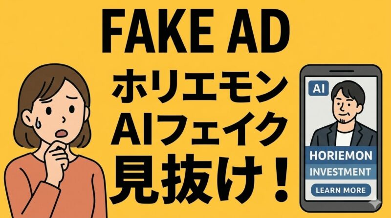 AI生成のホリエモン風投資広告を見て驚き警戒する女性のイラスト。「FAKE AD」の警告付き