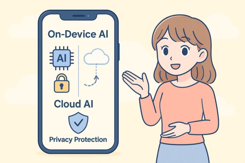 iOS26のAIプライバシー保護をイラストで図解。オンデバイスAIとクラウドAIの違い、プライバシー保護の仕組みをアニメ風キャラクターがやさしく解説。