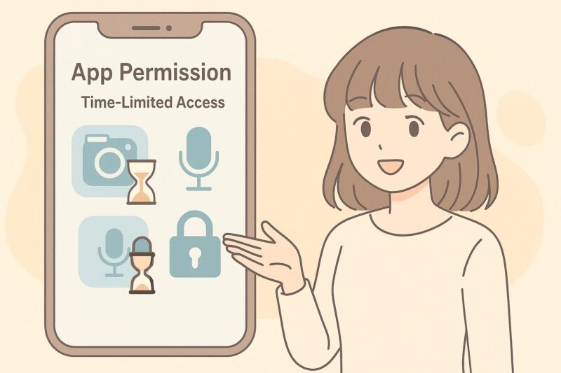 iOS26のアプリ権限管理機能をイラストで図解。カメラやマイクへの一時的なアクセス許可(Time-Limited Access)をアニメ風キャラクターがやさしく解説。