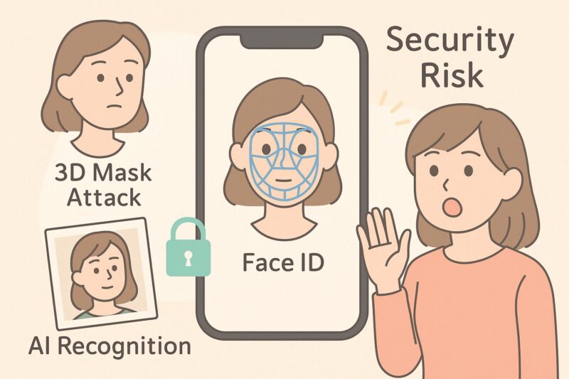 iOS26の顔認証に潜むAIリスクを図解。3Dマスク攻撃や写真認証突破のリスクをアニメ風キャラクターがわかりやすく解説。