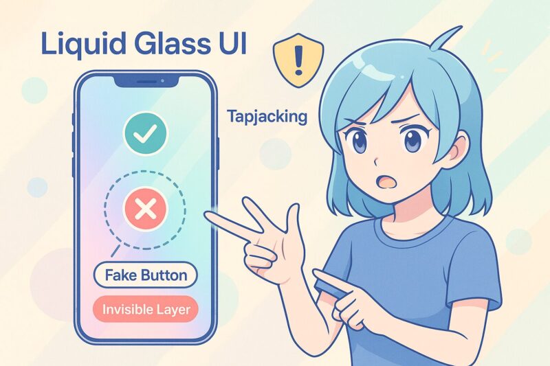 iOS26のLiquid Glass UIに潜むタップジャッキングの危険性を図解。透明レイヤーによる偽ボタンをアニメ風キャラクターがわかりやすく解説。