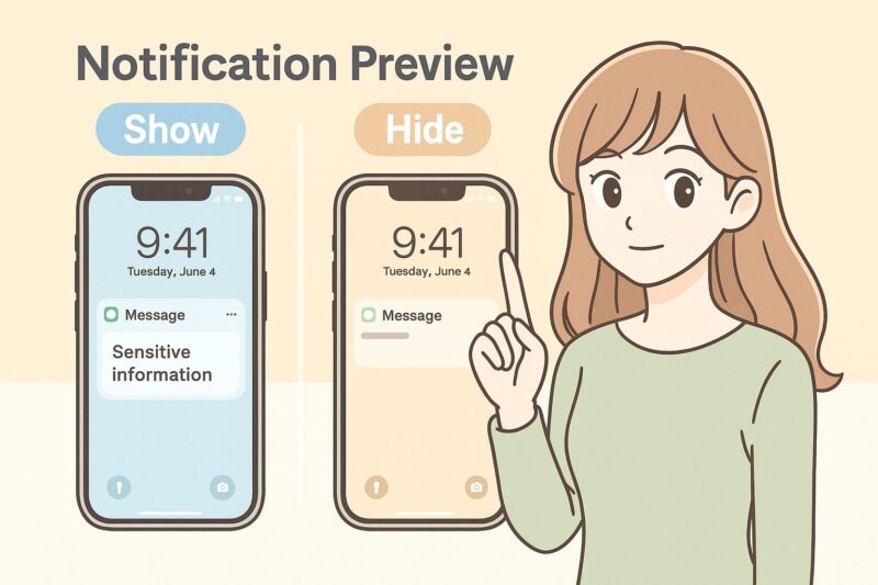 iOS26での通知プレビュー設定を図解。ロック画面での通知表示ONとOFFの違いをアニメ風キャラクターがわかりやすく解説。