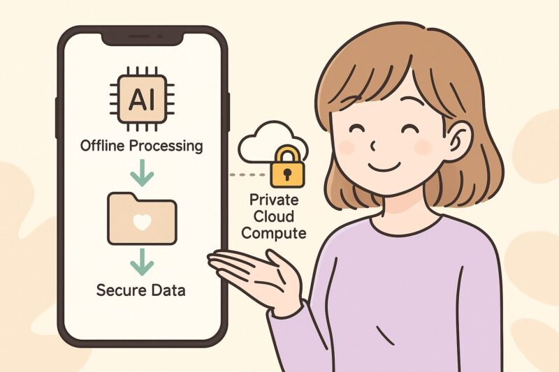 iOS26のオフラインAI処理の安全性を図解。端末内で完結するApple Intelligenceの仕組みとPrivate Cloud Computeをアニメ風キャラクターがやさしく解説。