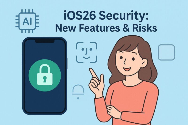 iOS26セキュリティの新機能とリスクをまとめたアイキャッチ。iPhoneと代表的な新機能をアニメ風キャラクターがわかりやすく紹介。