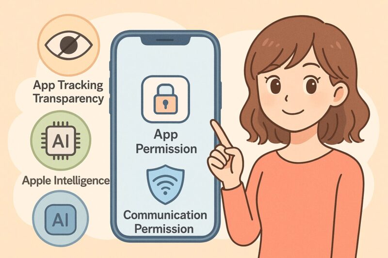 iOS26の新しいセキュリティ機能をイラストでわかりやすく図解。App Tracking Transparency、アプリ権限、Apple Intelligenceのオフライン処理、通信許可をアニメ風キャラクターがやさしく解説。