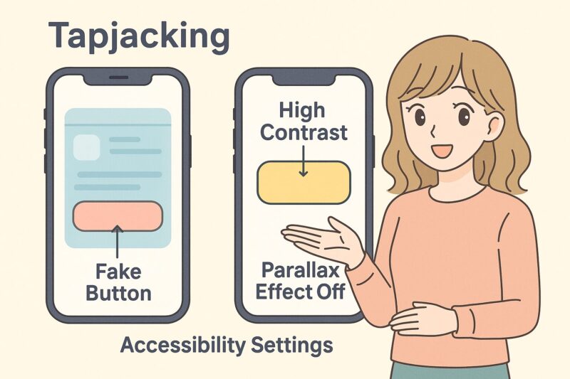 iOS26のタップジャッキング防止策を図解。透明な偽ボタンと安全なUIの違いをアニメ風キャラクターがわかりやすく解説。