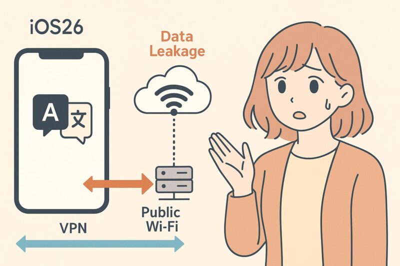 iOS26の翻訳アプリ使用時における情報漏洩リスクを図解。公衆Wi-FiやVPNの安全性をアニメ風キャラクターがやさしく解説。