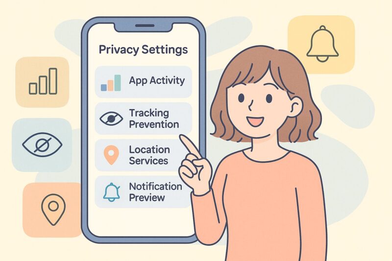 iOS26アップデート後に必ず確認したいセキュリティ設定を図解。プライバシー設定、アプリ履歴、トラッキング防止、位置情報、通知プレビューをアニメ風キャラクターがわかりやすく解説。