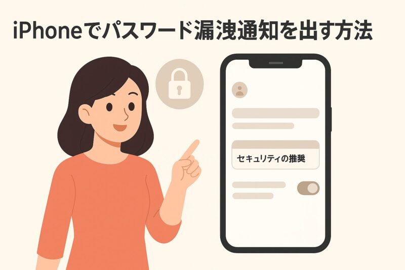 iPhoneの設定画面を指差しながら、パスワード漏洩通知の方法を説明する女性のイラスト